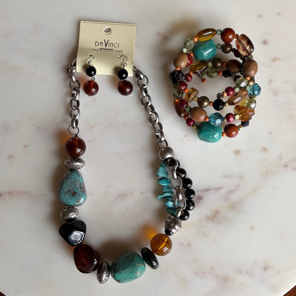 NWT DaVinci Turquoise and Amber Necklace, Bracelet and Earrings Set